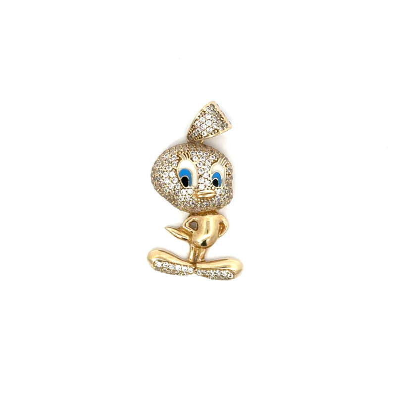 Front-facing view of John's Loan & Jewelry 10k yellow gold Tweetybird pendant, encrusted with round-cut diamonds and featuring blue enamel eyes, set against a stark white background.