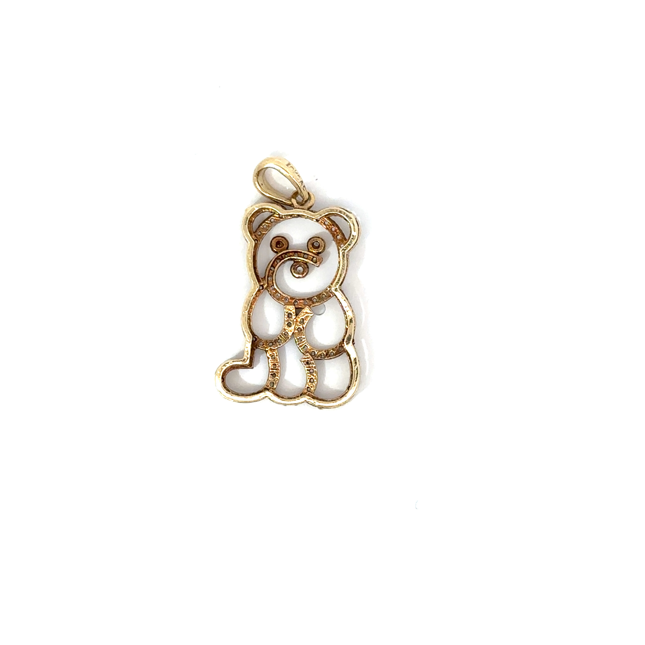 Detailed view of a John's Loan & Jewelry teddy bear pendant. The 10k yellow gold pendant features pave-set diamonds defining the teddy bear outline.