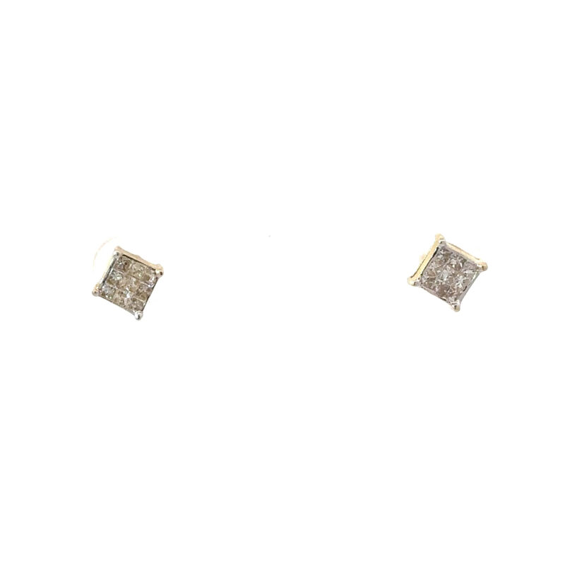 Men's square 14kt gold earrings from John's Loan & Jewelry, featuring a channel setting with pave diamonds. Jewelry detail showcases the earrings' minimalist design on a white table surface.
