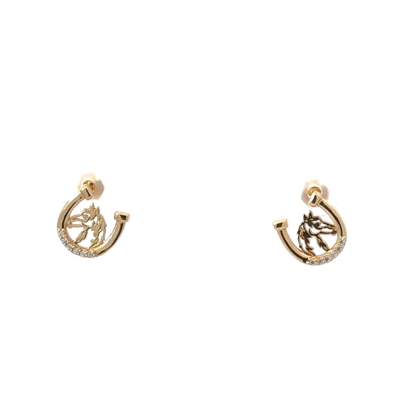 Pair of 14kt yellow gold horseshoe earrings from John's Loan & Jewelry, each featuring a delicate horse head silhouette and pavé-set diamonds along the horseshoe curve.