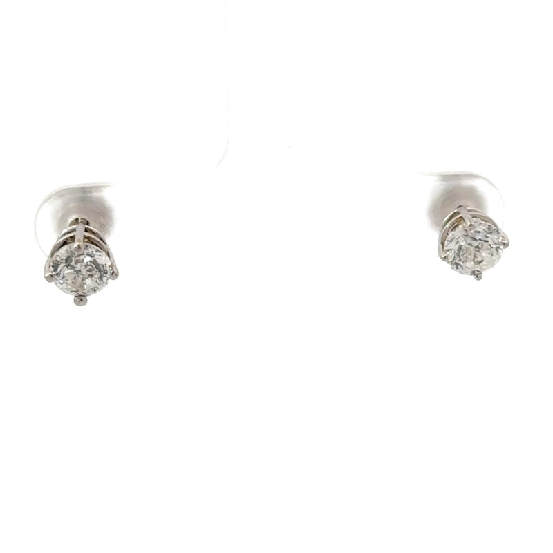 Front-facing studio shot of John's Loan & Jewelry 14kt white gold diamond studs. Features a .5ct round-cut diamond secured in a four-prong setting, displayed against a white background.