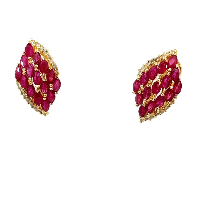Marquise ruby cluster set in 14kt yellow gold earrings with diamond halo, presented by John's Loan & Jewelry, Las Vegas. The jewelry image showcases fine diamonds and vivid color.