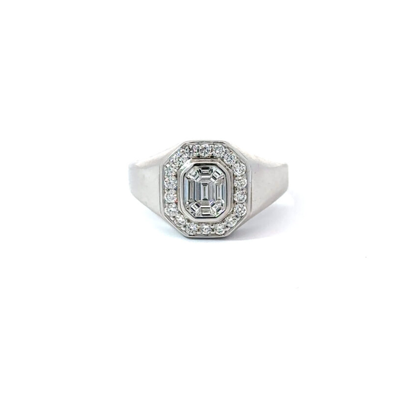 Close-up of John's Loan & Jewelry's 14k white gold mens ring featuring a diamond cluster with emerald cut center stones and round brilliant cut diamond halo on a white table.