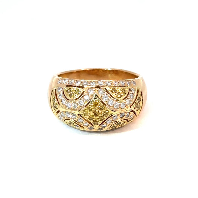 Front-facing view of John's Loan & Jewelry's 18K ladies ring, showcasing a yellow gold band with a byzantine pattern inset with colorless and yellow diamonds, totaling approximately 1ct.