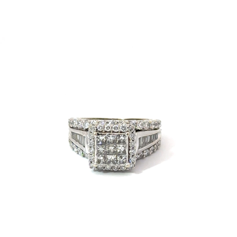 Front-facing view of a John's Loan & Jewelry 10K white gold ladies ring, showcasing a square diamond face. The jewelry item features a pave-set diamond halo and baguette-cut accent stones along the band.