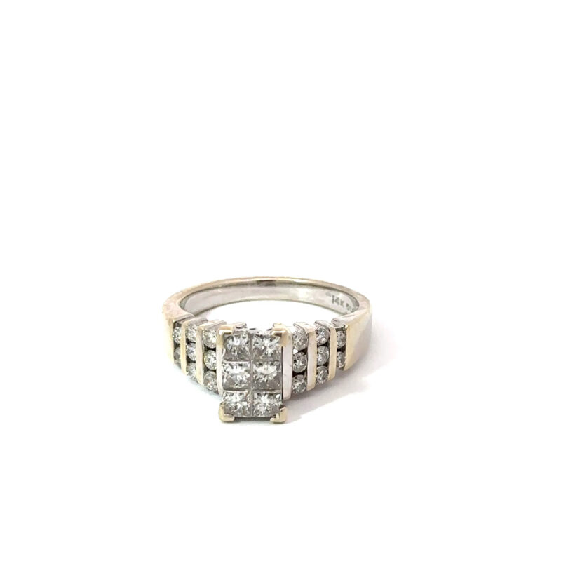Front-facing view of John's Loan & Jewelry 14K white gold ladies ring, featuring a princess-cut diamond table in a six-channel setting, showcasing the jewelry's gold composition.