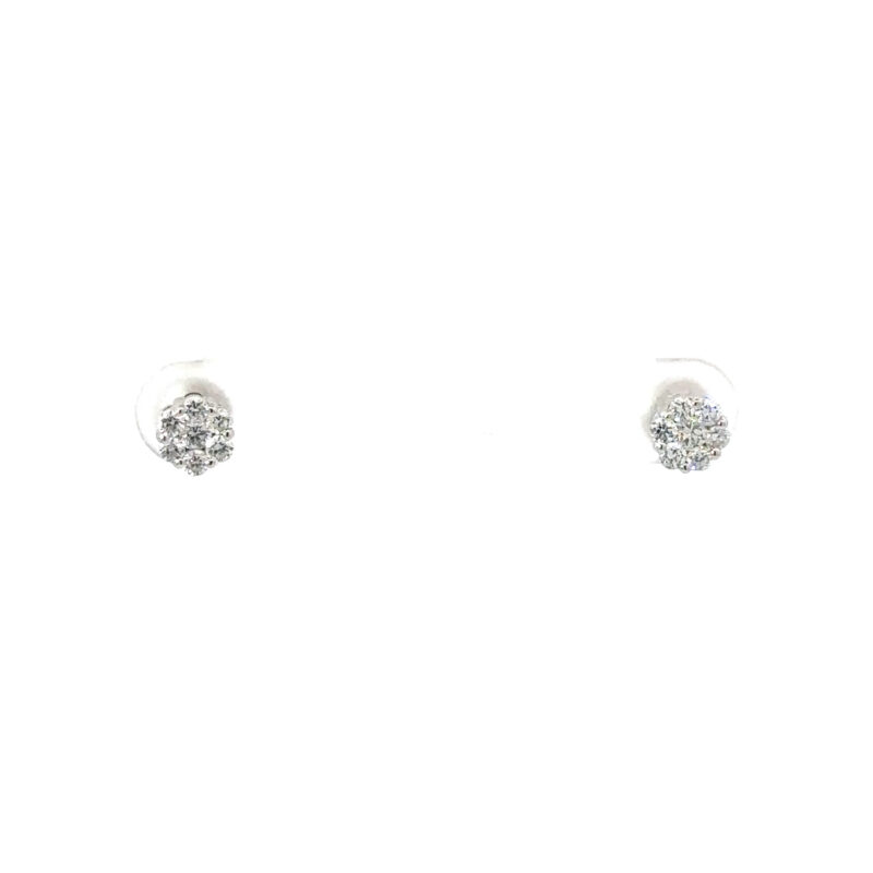 Platinum Diamond Cluster Earrings from John's Loan & Jewelry: A symmetrical pair of cluster earrings with multiple diamonds set in platinum, viewed straight on, showcasing jewelry details.