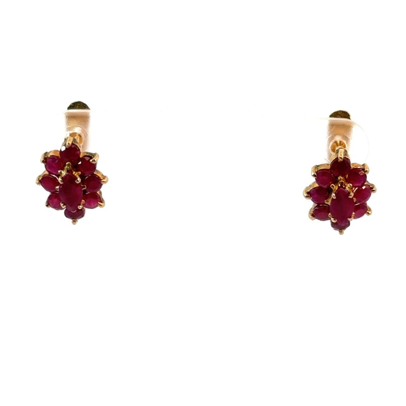 Two 14kt yellow gold cluster earrings, each with multiple marquise-cut garnets set in a floral design, shown against a white background from John's Loan & Jewelry.