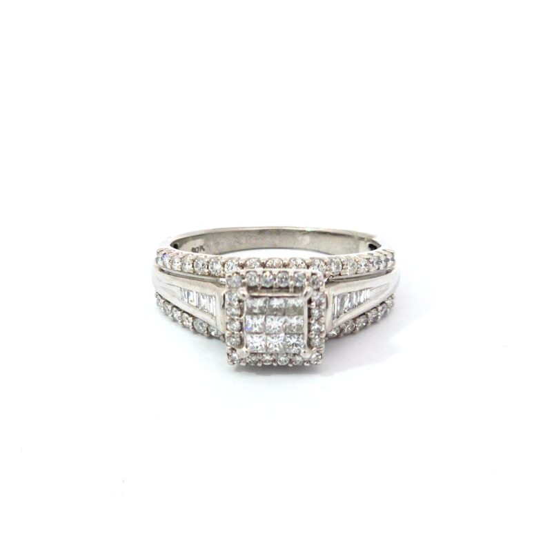 10k White Gold Square Center Channel Set Diamond Cluster Ring